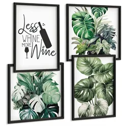 BILDER SET 4er Set - 50x50 cm & 40x60 cm Schwarzer Rahmen - Grüne Weinblätter