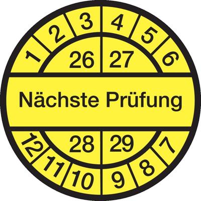 Prüfplakette ab 26, Nächste Prüfung, gelb/schwarz - Spenderbox à 500 Stück - 30 mm Folie selbstklebend