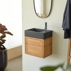 Badunterschrank aus Teak und Waschbecken aus schwarzem Marmor Basic black