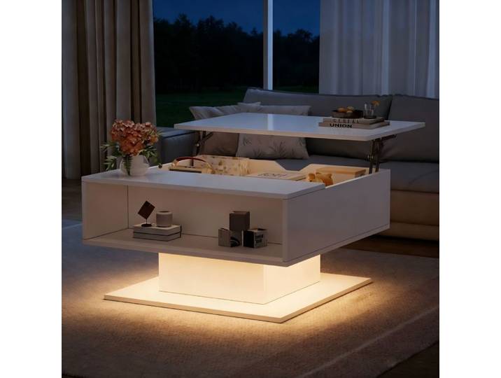 Table basse relevable 80x75x40cm finition brillante avec rangement et LED Blanc