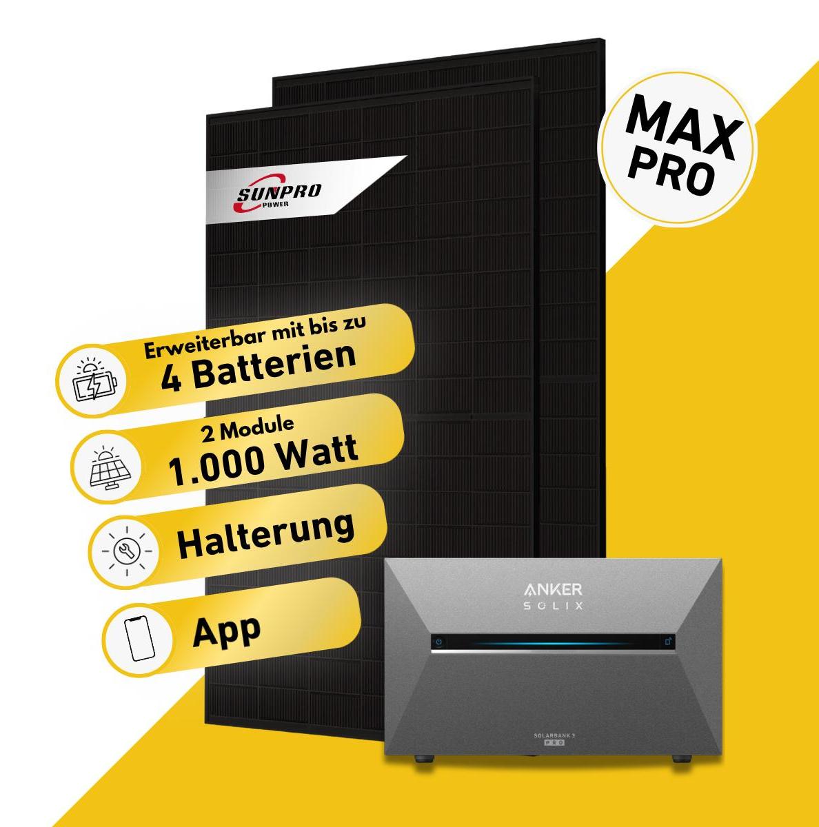 Balkonstrom Balkonkraftwerk 1000W Solaranlage mit Speicher | Garten/Flachdachhalterung | 2xSolarmodul Bifazial | Anker Solix 3 Pro | Kabel 15m