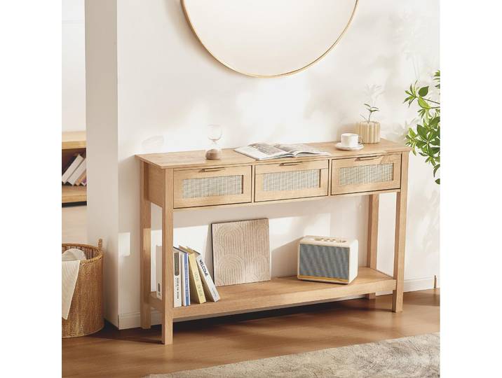VEVOR Table console en rotin avec 3 tiroirs\, table d'entrée en rotin avec porte coulissante en rotin naturel\, table basse console pour le salon\, le bureau\, l'entrée ou le mur de télévision\, naturel