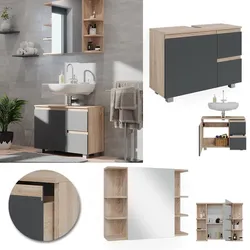 Vicco Badmöbelset J-shape Sonoma Anthrazit modern Badezimmer Schrank Badschrank Waschtischunterschrank Spiegelschrank Schranktür Schrankschublade Aufbewahrung