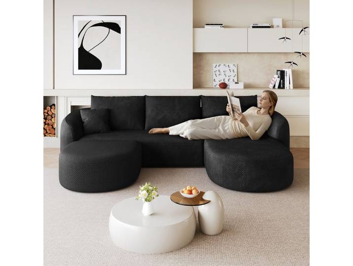 Canapé convertible U 266cm noir prêt à l'emploi structure sans bois tissu Schneiler doux idéal appartement orientation droite