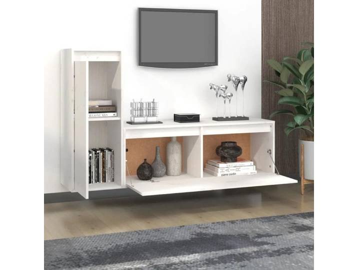 Meuble TV en bois de pin - - Blanc - Bois massif - 100x30x35 cm - 30x30x80 cm - Assemblage requis