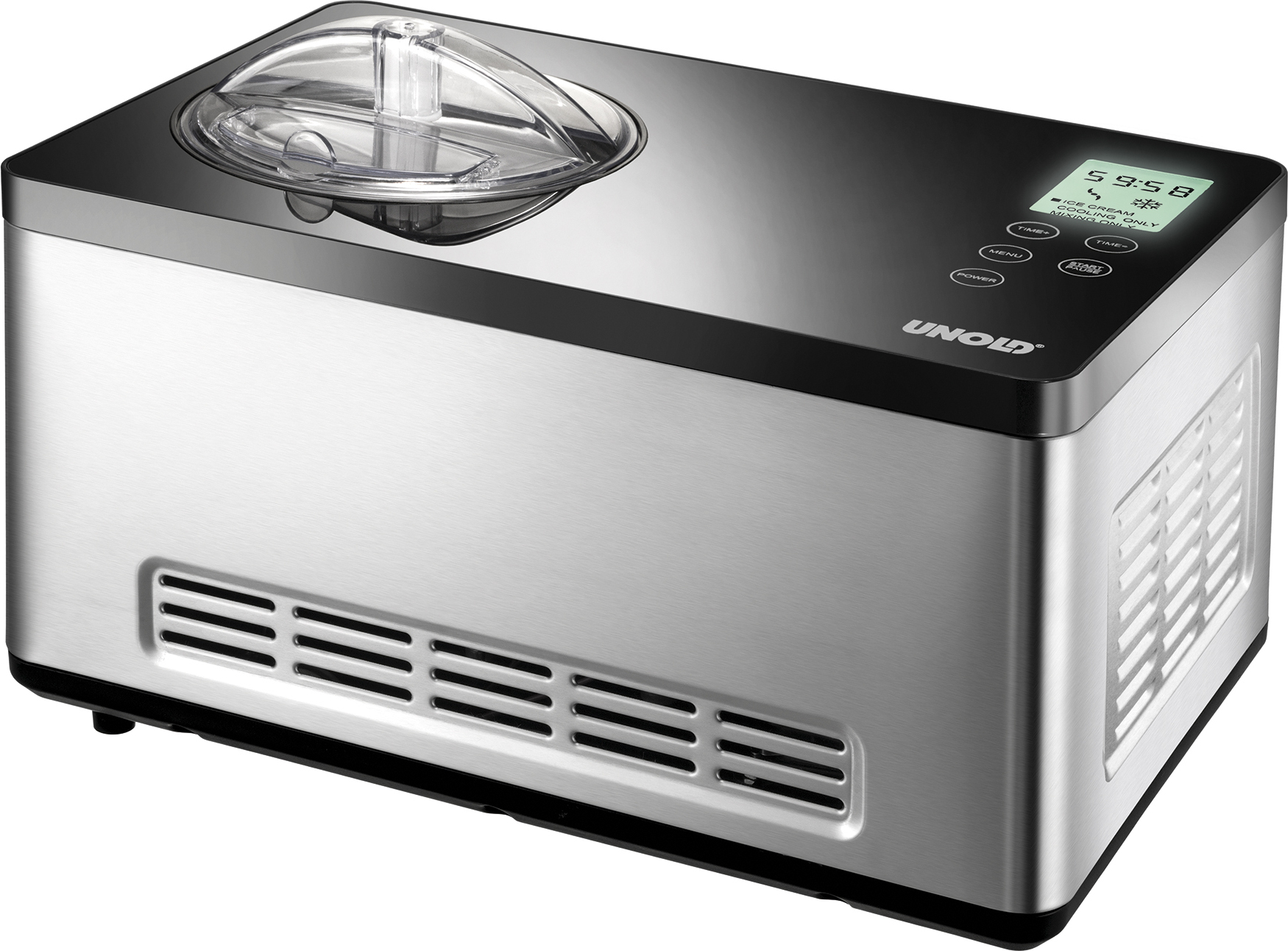 Unold 48845 Eismaschine Gusto - mit selbstkühlendem Kompressor, 180 W, 2 L Volumen, elegantes Edelstahlgehäuse, LCD-Display
