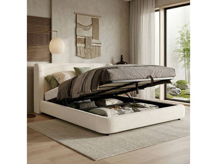 Lit double SENVIRO coffre bouclé beige avec tête de lit et sommier à lattes