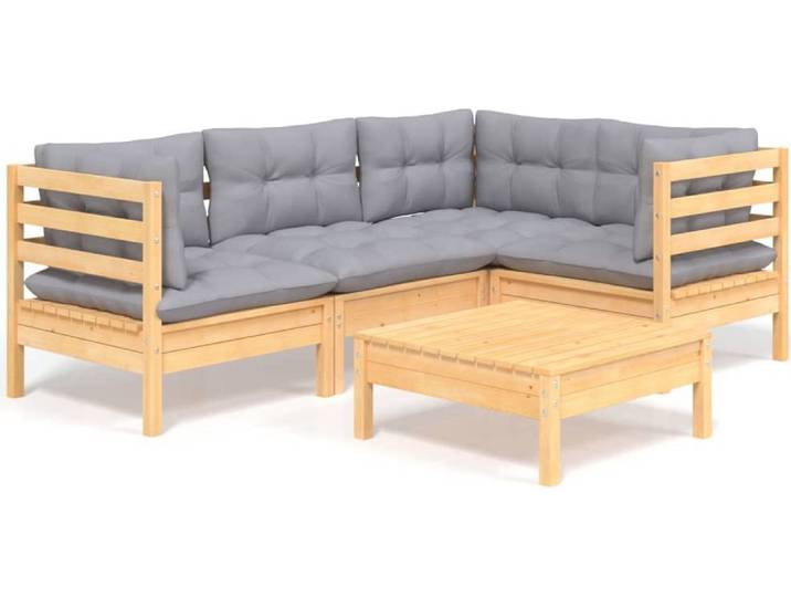 vidaXL 5-tlg. Garten-Lounge-Set mit Grauen Kissen Kiefernholz