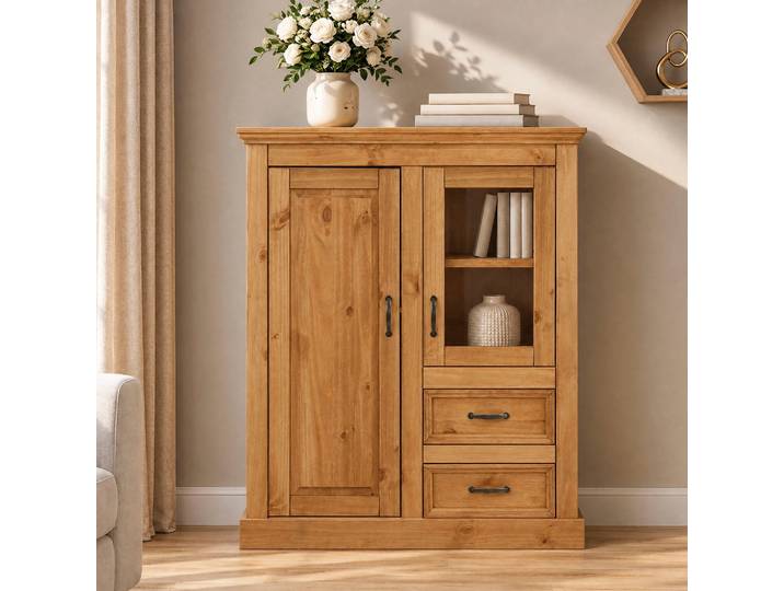 Highboard GOODPRODUCT Selma , beige (natur gebeizt, gewachst), B:100cm H:120cm T:38cm, Sideboards, Highboard, Vitrine, Breite 100 cm