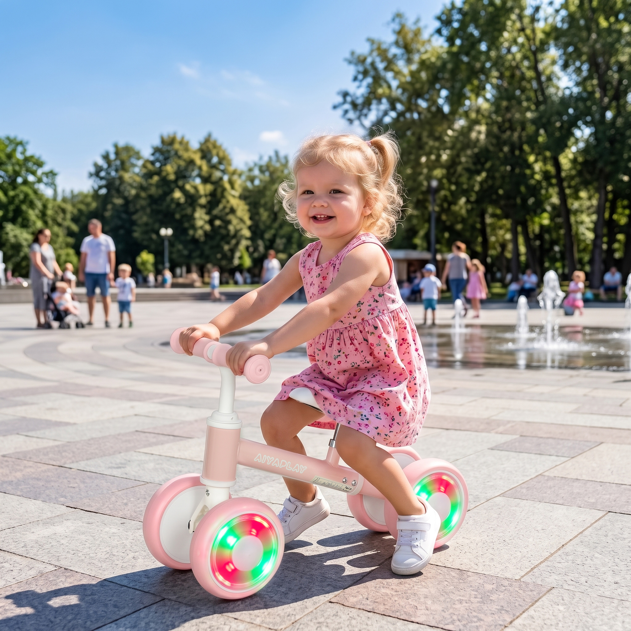 Aiyaplay Bici senza pedali per Bambini 1-2 anni con 4 ruote luminose e sedile regolabile, Rosa   Aosom Italy