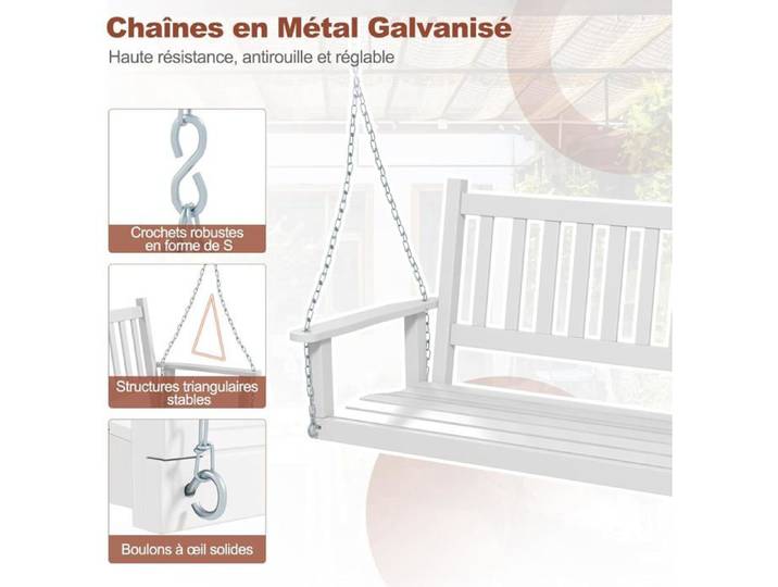 GIANTEX Balancelle Jardin 2 Places Charge 230KG-Chaise Hamac Suspnedue 136x67x63CM avec Chaînes de Suspension Ajustables Blanc