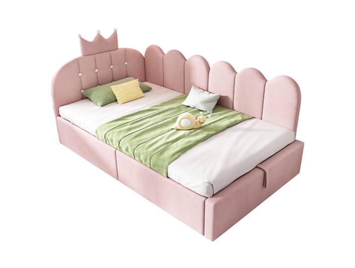 Wishdor Polsterbett 90/200 cm in Rosa Samt mit Bettkasten und Gitterdesign, Metall, Rechteckig, 90x200 cm, Schlafzimmer, Betten, Polsterbetten