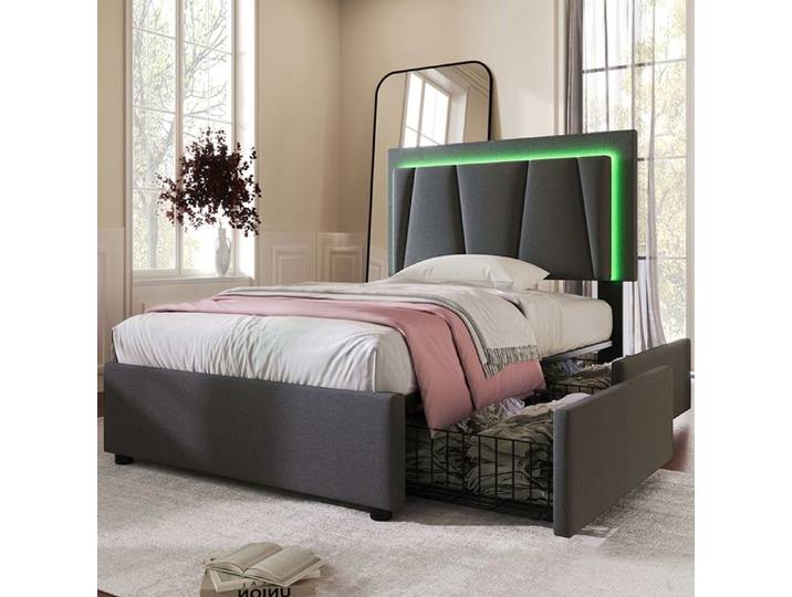 Lit avec tiroirs Lit rembourré avec éclairage LED et 2 tiroirs Tête de lit réglable en hauteur Lit simple 90x200cm Gris