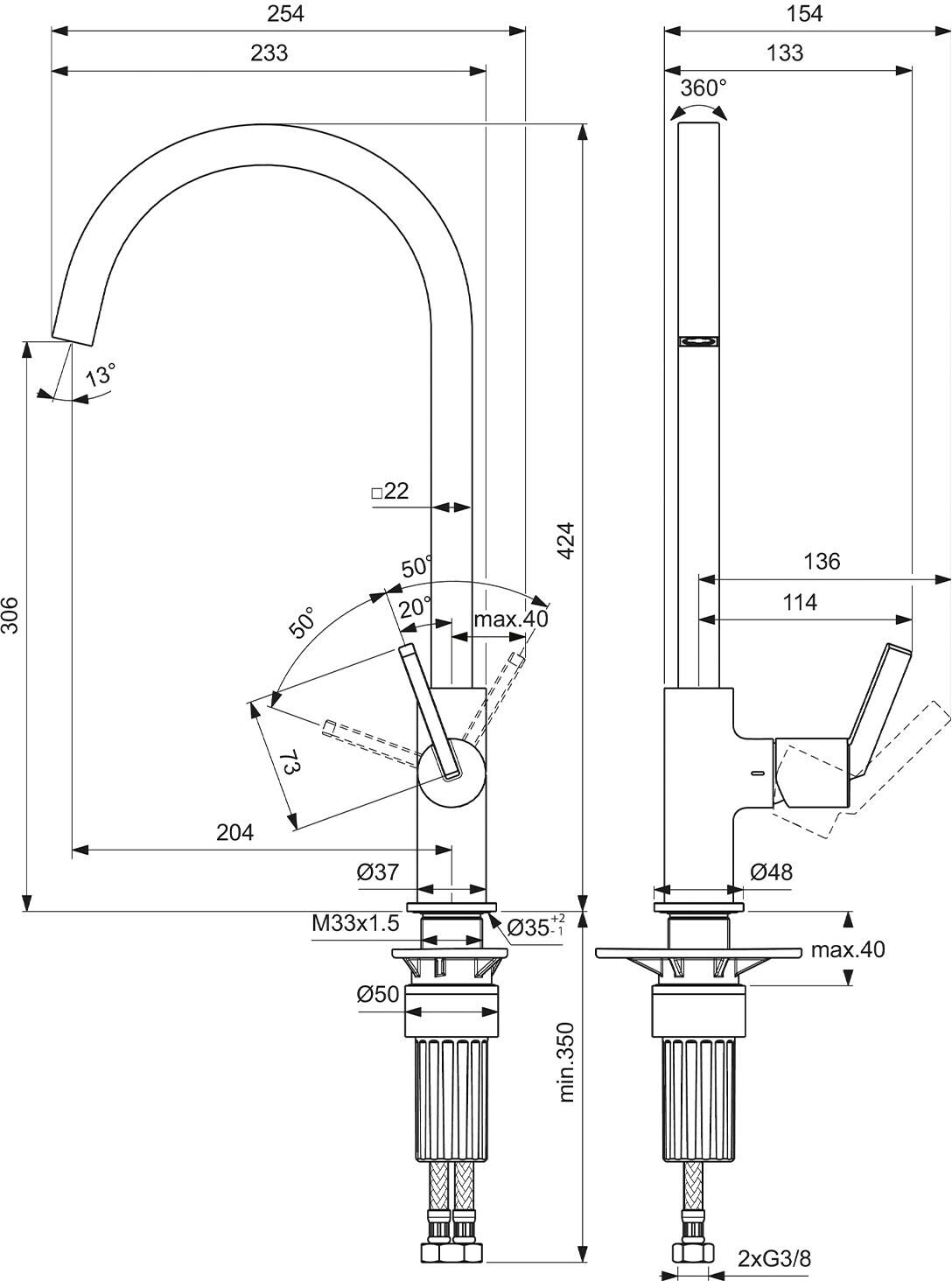 Ideal Standard Küchenarmatur Ausladung 20,4 cm eckiger Auslauf