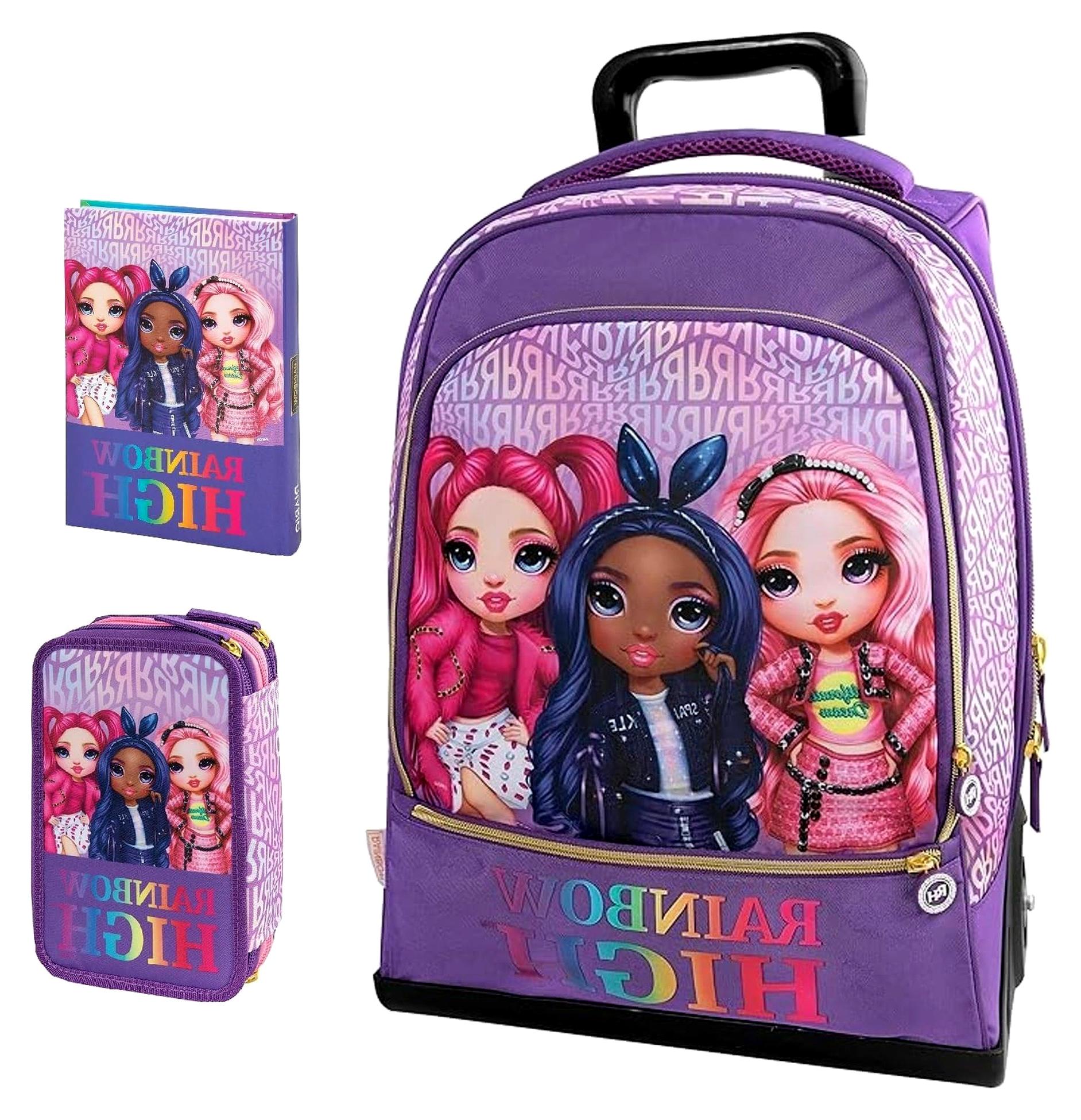 Trolley Rainbow High Violett, 2 Fächer, gepolsterte Schultergurte, für Mädchen, Grund- und Mittelschule + Federmäppchen 3 Etagen + Tagebuch 2025-2026 + Schlüsselanhänger mit Pailletten und 7