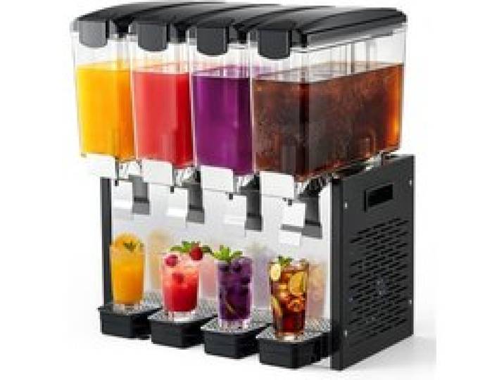 VEVOR Elektrischer Getränkespender 4 x 10 L 7-12 °C Saftspender mit PC-Behälter, für Restaurants, Hotels, Bars und Kioske, mit Rührstab für Gleichmäßige Durchmischung, Druckschalter und Auffangschale