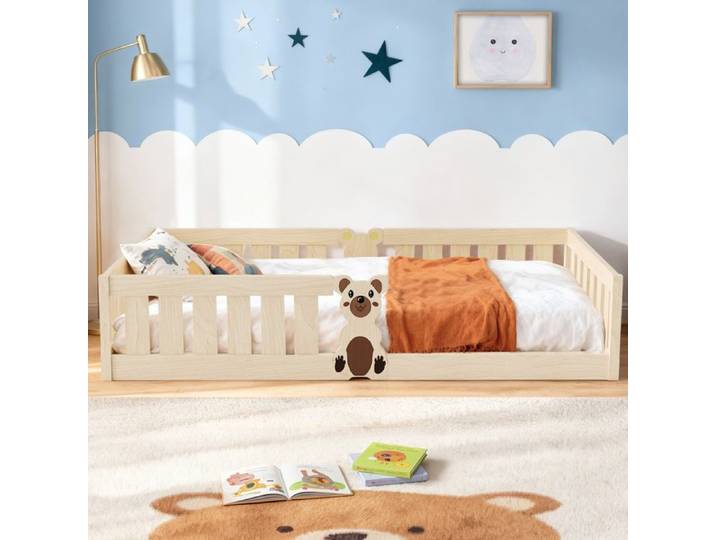 Montessori Lit d'enfant Lit au Sol 90x200 cm - Bois Massif avec Barrière Sécurisée pour Enfants et Bébés