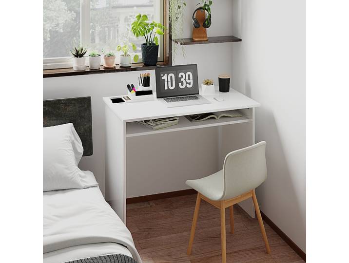HOMCOM Bureau Informatique Compact 90x50x74cm Blanc Laqué