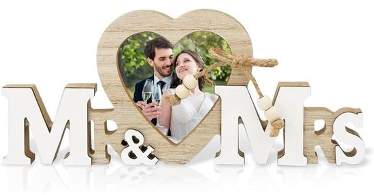 Houten Mr & Mrs Decoratie met Hartvormige Fotolijst voor Bruiloft en Valentijnsdag
