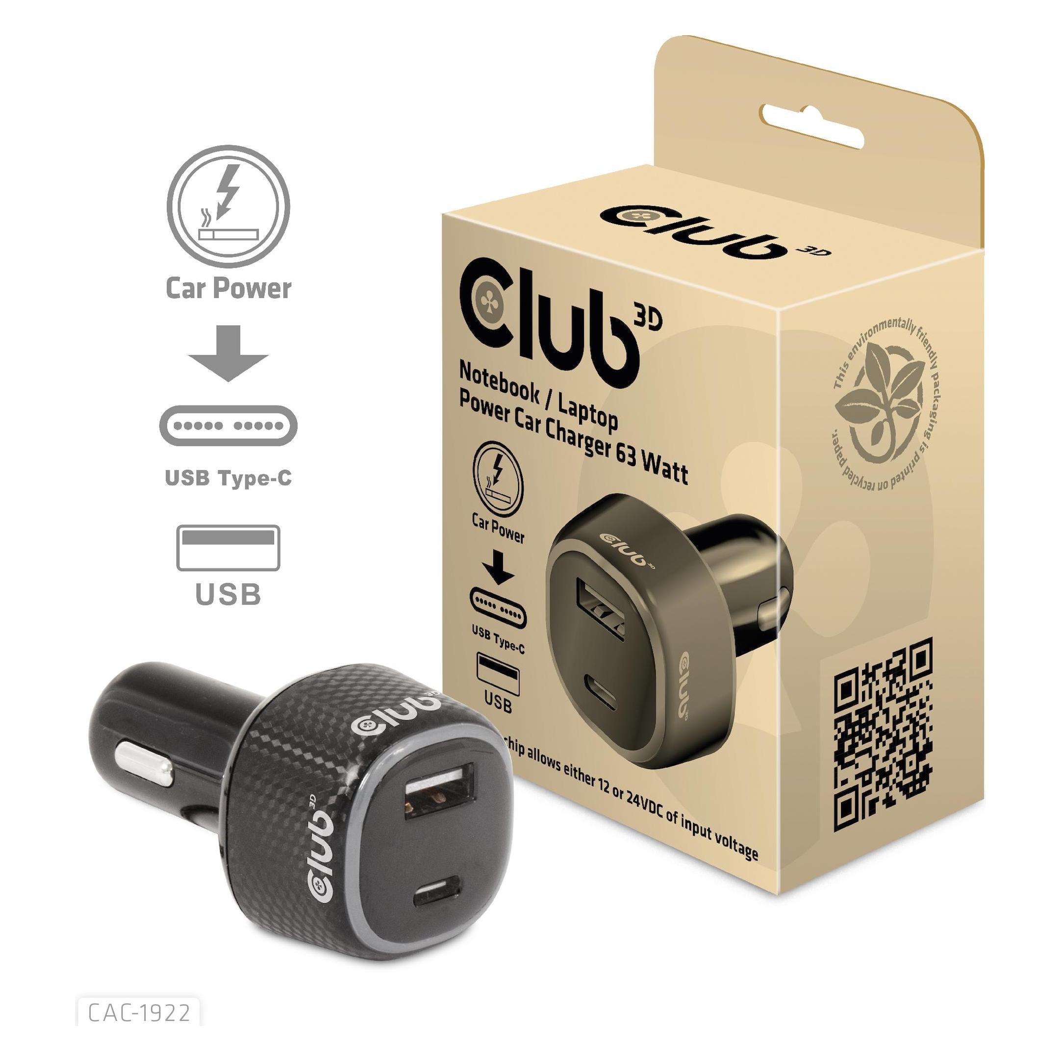 Club 3D Club3D USB KFZ-Ladegerät 1xUSB C, 1xUSB A, 63W, 12/24V retail (CAC-1922)