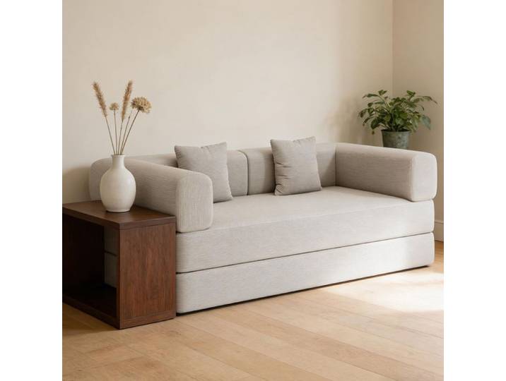 Canapé-lit convertible velours côtelé avec coussin cylindrique cadre fixe blanc cassé pour salon/chambre/studio