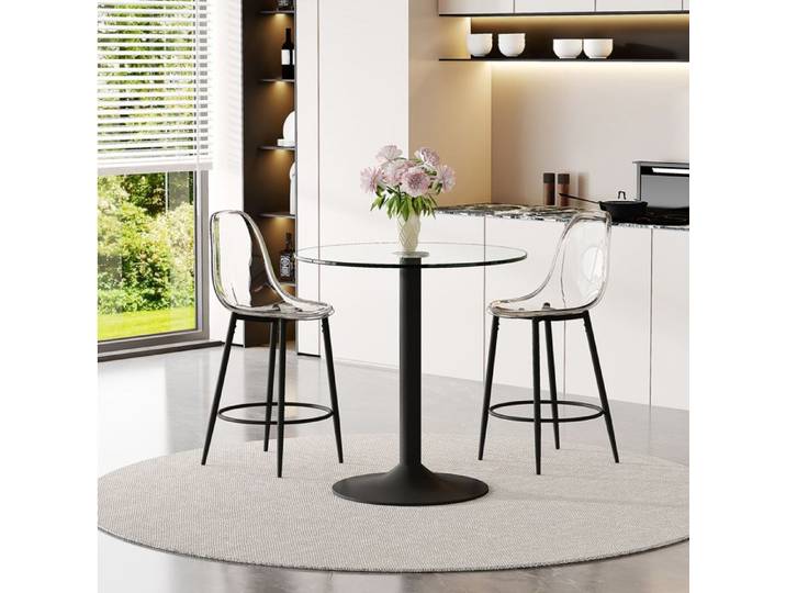 VUENOR Table de bar ronde 89 cm noire avec 2 tabourets – verre transparent