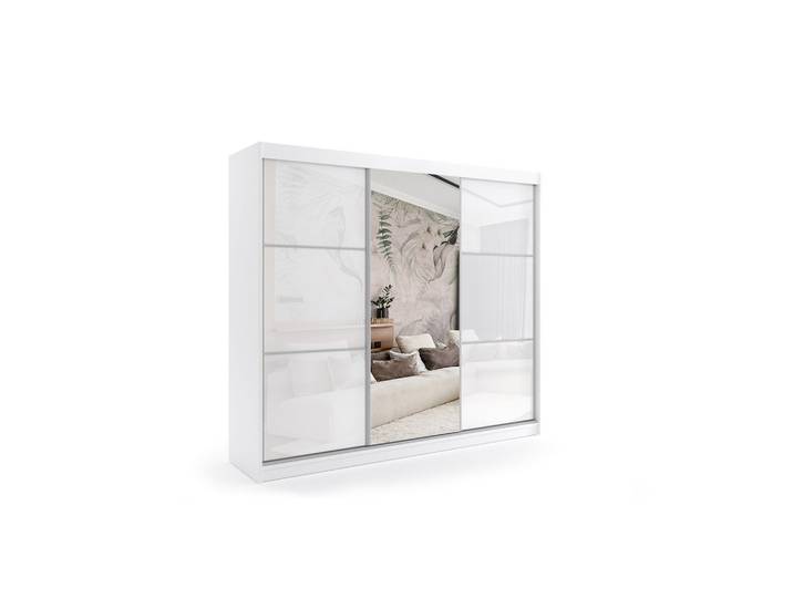 KLEIDERSCHRANK mit Spiegel-Schiebetüren und Aluminium-Leisten, LED-Beleuchtung - VIVONA - 240 cm Weiß
