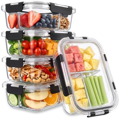 "Sorbus 5-Pack 35 oz/1040 mL 3-Compartment Glass Food Storage Containers with Airtight Lids - 7.75""L x 5.75""W x 2.5""H"