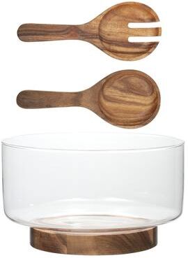 Gibson Elite Wildgreens Large Glass Salad Bowl Set with Marble Base and Acacia Serving Utensils