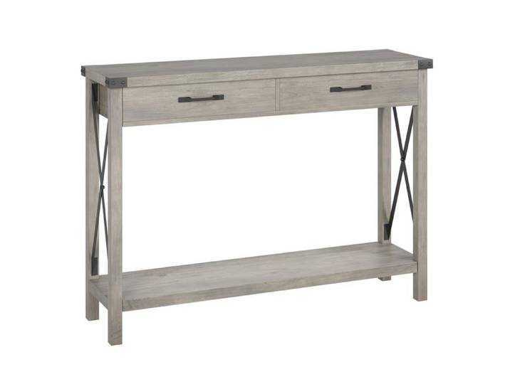 Console industrielle 31″ grise rustique 2 niveaux tiroirs étagère derrière canapé entrée foyer