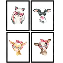 POSTER Set mit 4 Kuh und Kaninchen A3 Schwarzer Rahmen