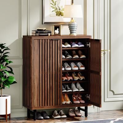 OEM Wooden Shoe Cabinet with Shutter Doors, Adjustable Shelves Large Hidden Storage Organizer Rack for Entryway Hallway