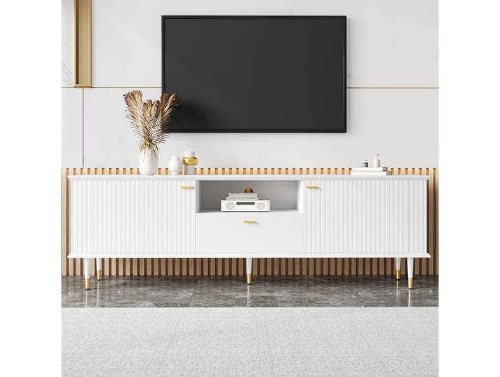 Meuble TV élégant avec 1 tiroir et 2 portes Compartiments ouverts Surface texturée peinte 170x36x54.5cm Blanc