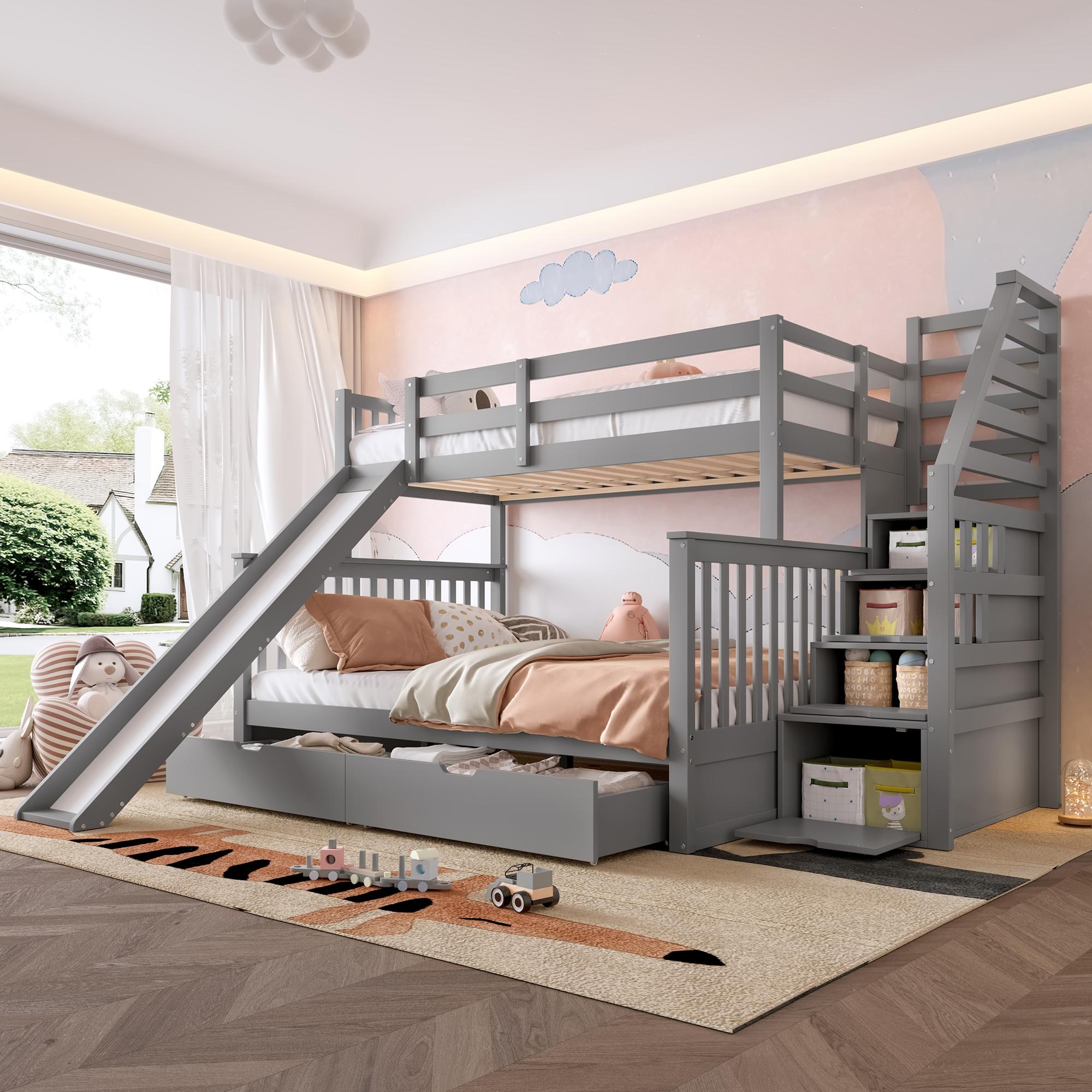 Etagenbett 90 x 200 über 140 x 200, mit Schubladen, Stauraum und Rutsche, multifunktional, Grau