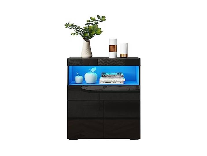 Hochglanz-Sideboard mit 2 Türen Schublade Regal und LED-Beleuchtung Schwarz 16 Farbmodi & Dimmerfunktion, Aufbewahrungsschrank für Wohnzimmer, Esszimmer, 80x35x90cm
