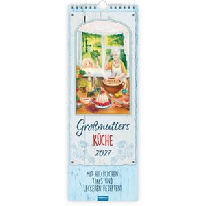 Trötsch Streifenkalender 2027107, Großmutters Küche, mit Rezepten und Ferienübersicht, 15 x 42 cm, Jahr 2027