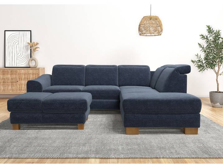 Ecksofa, 263x219 cm, Flachgewebe, Graublau, Kopfteilverstellung, Klassisch, Home-affaire