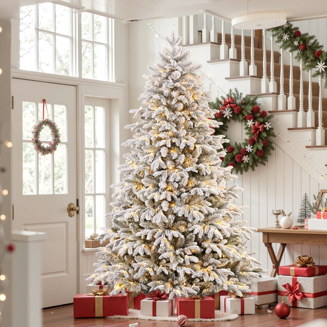 The Seasonal Aisle Pre-Lit Snow Flocked PE Cedar Artificial Christmas Tree White 7' H