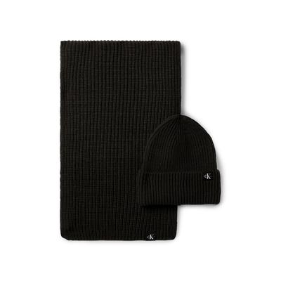 Strickmütze CALVIN KLEIN JEANS "Monogram Rib Scarf Beanie Set", Jungen, Gr. S/M, schwarz (ck schwarz), Obermaterial: 100% Polyacryl, Mützen Strickmütze, mit Logopatch
