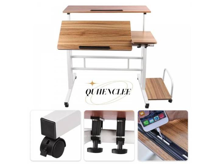 Bureau informatique - Hauteur réglable - sur roulettes - 102*60*67-115cm - Chêne ancien - QUIIENCLEE