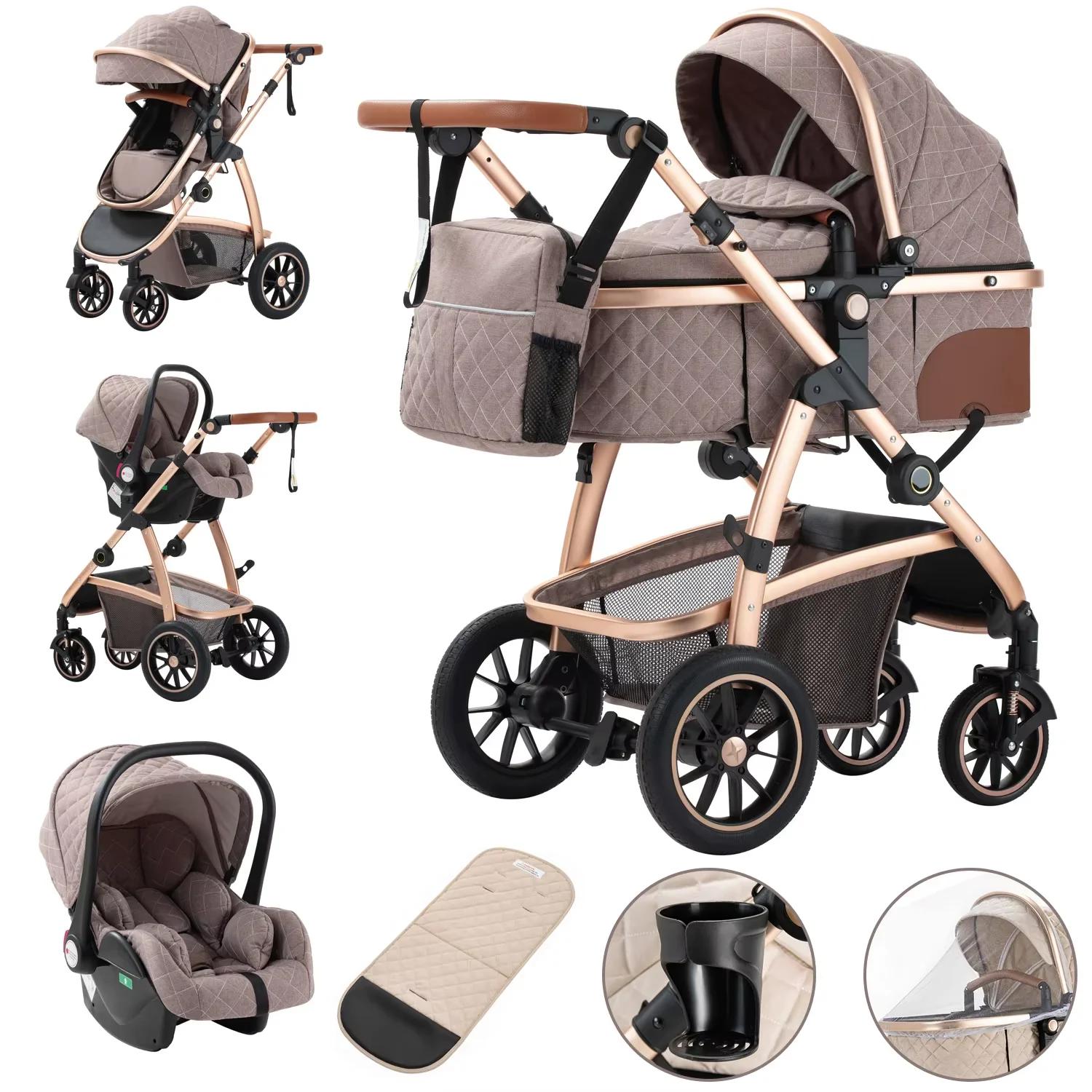 3 in 1 Kombikinderwagen - Modell SK20 Buggy - Hohe Sitzposition - Verstellbarer Schiebegriff - Klappbar für Reise - Mit Moskitonetz - Leichter Aluminiumrahmen - Khaki