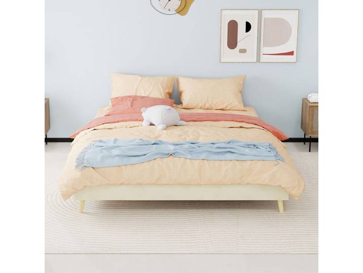 URTR Lit plateforme moderne 160x200 velours hollandais coffre bas sans vérin sans tête de lit ni matelas élégant beige
