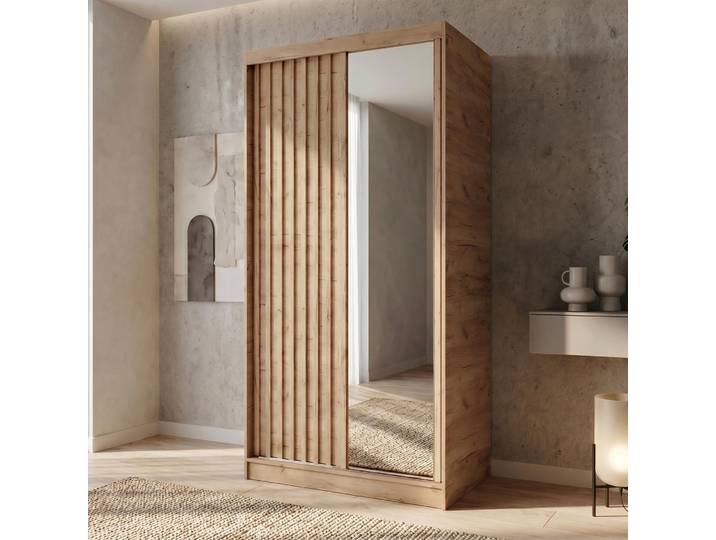 BEAUTYSOFA Kleiderschrank DONATELLO 100 cm Artisan/Artisan mit Spiegel und Lamellen Schwebetürenschrank modern