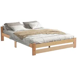 Merax Futonbett Holzbett Doppelbett 140x200 aus Kiefernholz mit Kopfteil & Lattenrost für Schlafzimmer Beige