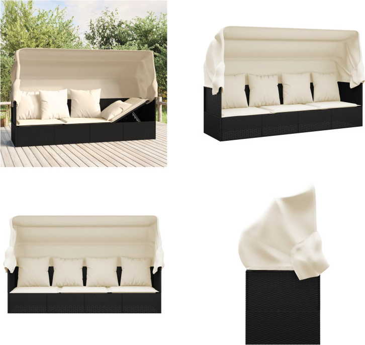 vidaXL Outdoor Loungebett mit Dach und Kissen Schwarz Poly Rattan - Outdoor Loungebett - Outdoor Loungebetten - Gartenmöbel - Terrassenmöbel