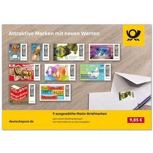 DeutschePost Briefmarken Attraktive Marken, Set, 9 verschiedene Motive und Portowerte, nassklebend, 9 Stück