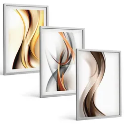 BILDER SET 3er Set - 40x60 cm Silberner Rahmen - Gelbgrau-braune Wellen