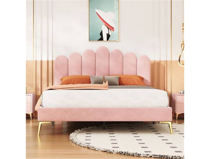 Lit capitonné 140x200 cm velours rose sommier lattes lit adulte ado élégant confortable