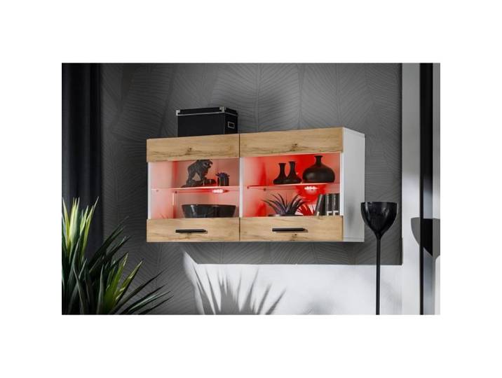 Vitrine Armoire Savona Komodee - LED RGB - Bois Naturel Mat & Blanc - Façades en Mat - L100cm x H50cm x P30cm