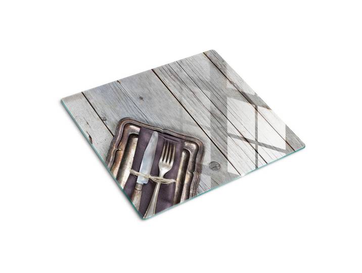Tulup Glasplatte 60x52 cm Besteck auf Brettern, Beige, Glas, 60x0.4x52 cm, Küchen, Küchenelektrogeräte, Herde, Herdabdeckplatten